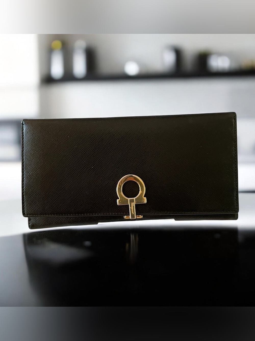 Salvatore Ferragamo Black Leather Gancini Continental Wallet